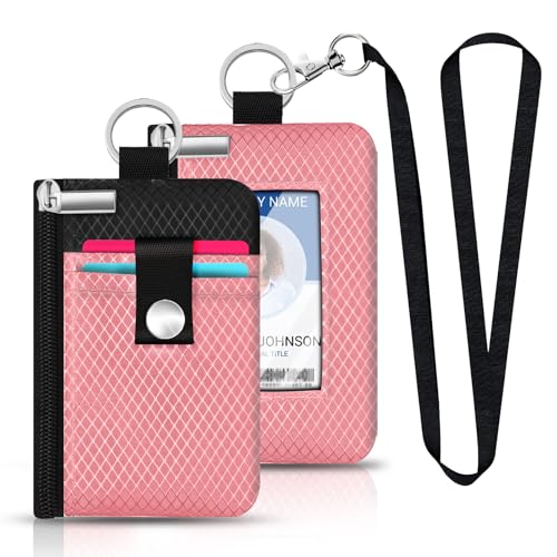 Image of Minimalist RFID Blocking Small Wallet with ID Window,WaterResistant Zip Id Case Wallet with Lanyard Keychain for Cards,Cash,Travel,Women,Men (Pink /Black)