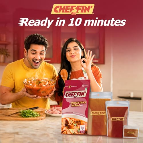 Image of Cheffin' Chicken Tikka Masala 285g | Ready to Cook in 10 mins | Serves 2-3 | Just add Fresh Chicken or Paneer | All Natural, No Preservatives | 3-Pouch Cooking Kit for Restaurant Style Taste at Home| Pack of 2