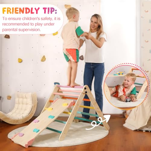 Image of Yopnoyik Pikler Triangle Set with Cushion Large, 5 in 1 Toddler Climbing Toys Indoor, Montessori Foldable Climbing Set for Kids, Wooden Playground Jungle Gym with Ramp, Arch and Ladder (Color-B)