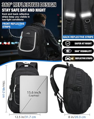 Image of ProEtrade Backpack Bookbag for College Sturdy Travel Business Hiking Fit Laptop Up to 15.6 Inch Multi Compartment Gifts for Men Women Night Light Reflective (Black)