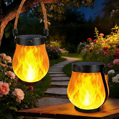 2 Pack Solar Lanterns Outdoor Waterproof, Flickering Flame Hanging Lanterns Decorative Outdoor with 2 Modes, Dual Charging USB & Solar-Powered Outdoors Lantern for Porch Yard Patio Tree Garden Decor