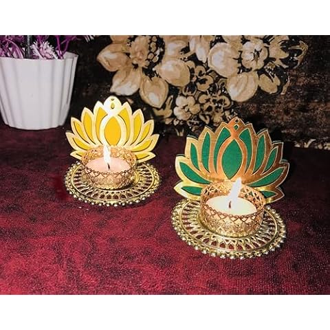 Gadinfashion™ Handmade Louts Tealight Candle Holder for Decoration/Diwali Decoration/Table Top, Color-Yellow & Green, Pack-02 Cover