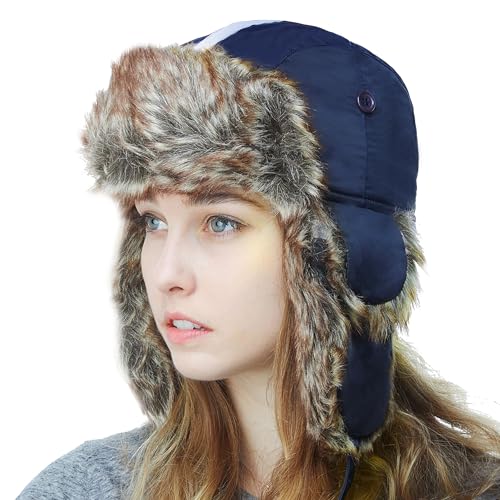 Image of Faux Fur Safety Reflective Aviator Trapper Hat Snow Ski Trooper Winter Cap
