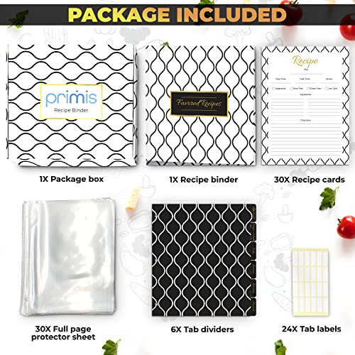 Primis3 11.4 X 11.8 X 2.28 Inch 3 Ring Recipe Binder Kit - Recipe Organizer Binder With 30 Recipe Cards, 30 Recipe Page Protectors, 6 Category Tab Dividers (Wave) #TOP2