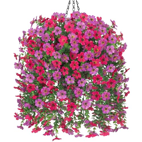 HyeFlora Artificial Hanging Flowers Basket for Outdoor, Fake Flowers Faux Plants Look Real for Yard Gardens Porch Patio Home (Purple+Hotpink)