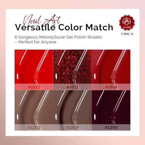 Image of MelodySusie Red Brown Gel Nail Polish Set - 6 Colors Burgundy Red Glitter Beige Brown Soak Off UV LED Gel Polish Gift for Women Nail Art Manicure Salon DIY Nail Design Decoration at Home
