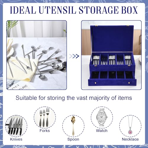 Pickmesh Silverware Case with Lid and Handle, Silverware Storage Box Sterling Silver Flatware Chest Without Silver Tarnish Proof Utensils Organizer for Kitchen Decor Wedding Gifts (Royal Blue,2 Layer) - Thumbnail 5