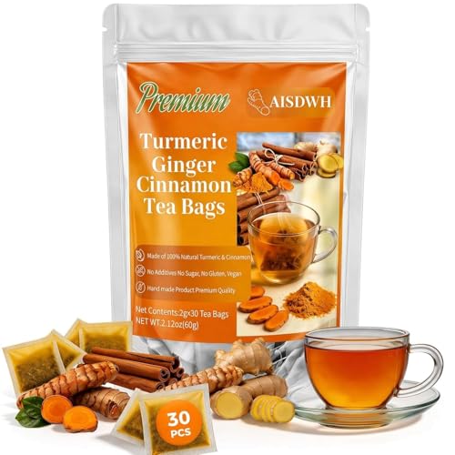 30 Turmeric Ginger Cinnamon Tea Bags, 100% Natural Ingredients Herbal