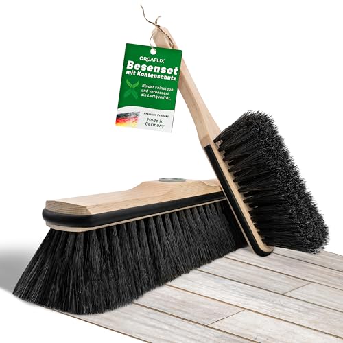 ORGAFLIX Escoba premium con mango, cepillo de mano, protección de bordes, pelo de crin, extra resistente al polvo gracias a la mezcla de crins de alta calidad, escoba de habitación, escoba con mango
