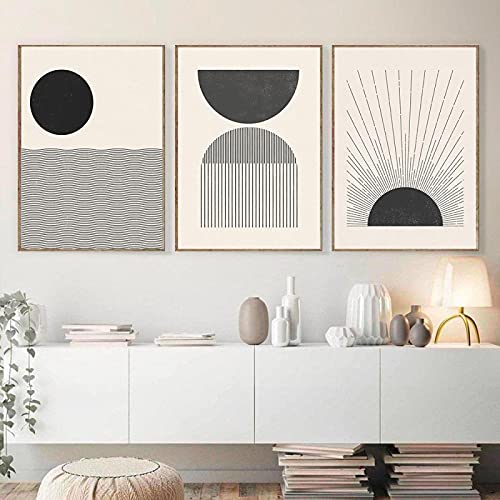Affiche boho soleil et lune pour grand salon moderne triptyque abstrait élégant