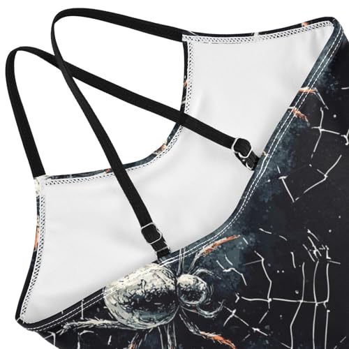 Pigsaly Girls One Piece Swimsuits Watercolor White Spider Webs Black Spiders Kids Cross Back Swimwear Sport Bathing Suit 3T4