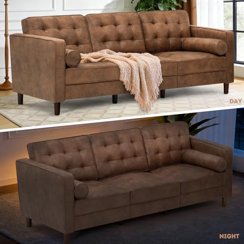 Image of 84 inch Suede Leather Modern Sofa with Bolster Pillows, Upholstered 3 Seats Sofa with Well-Filled Backrest, Comfy Tufted Couch with Sturdy Legs for Living Room, Office, Bedroom, Brown