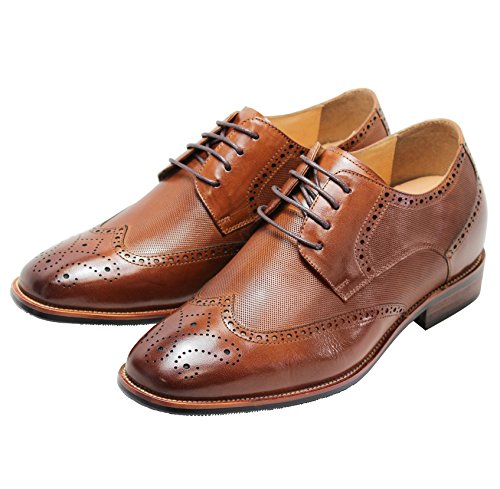 CALTO Men's Invisible Height Increasing Elevator Shoes - Brown Premium Leather Wing-tip Lace-up Formal Oxfords - 3 Inches Taller - Y10652 - Size 9 D(M) US3
