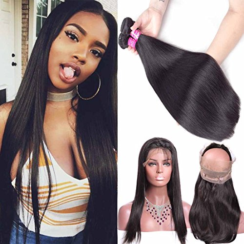 Unprocessed Virgin Hair 360 Frontal with Bundles Straight Brazilian Hair Bundles and 360 Lace Closure with Baby Hair 100% Human Hair Bundles with Closure …