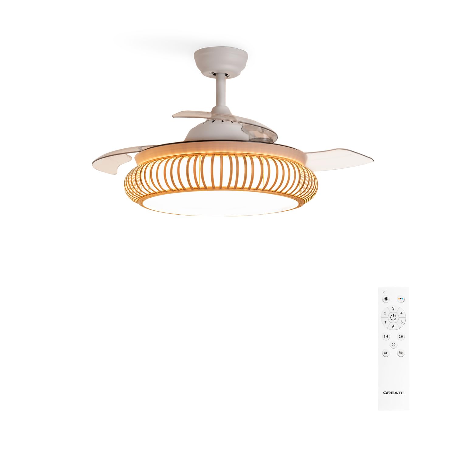 CREATE / WIND CLEAR/Ventilador de techo con luz blanco y mimbre óvalo con mando / 40W, Ø108 cm, temporizador, 6 velocidades, aspas retráctiles, 3 temperaturas de luz, función verano-invierno