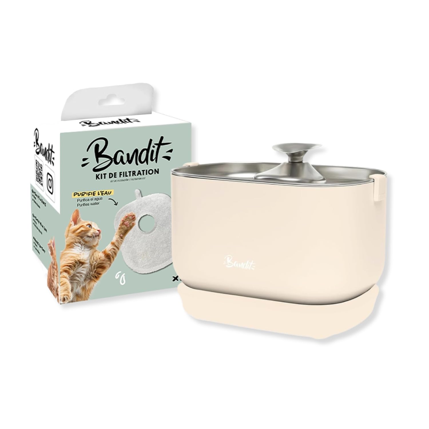 Bandit - Bundle Fontaine Filaire Crème pour Chat & Kit de Filtration | Eau Fraîche en Continu - Distributeur pour Félins - Hydratation Quotidienne - Accessoire Animaux - Entretien Facile