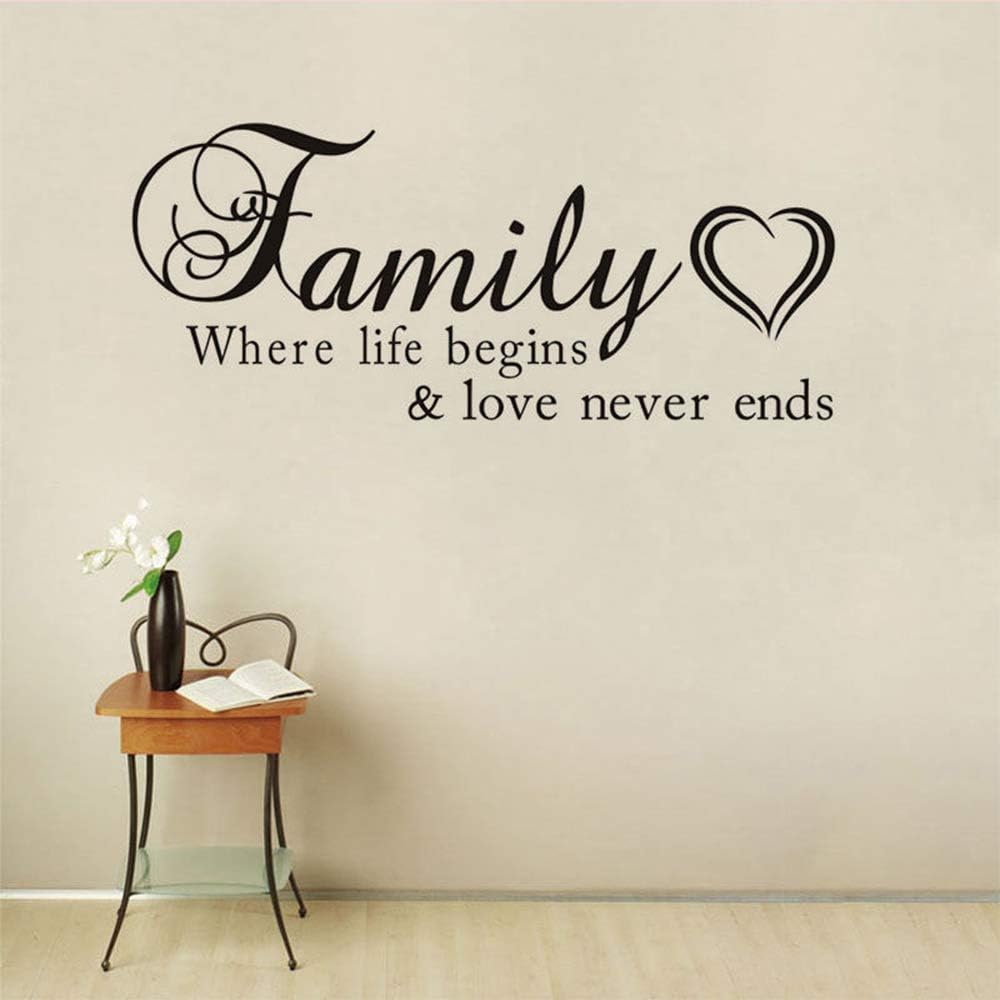 AUHOKY Family Where Life Begins & Love Never Ends Wall Decal Sticker Quotes, Removable DIY Mural Sayings Wallpaper Home Decor for Living Room Bedroom – Warm & Loving Art Words (Black,C)