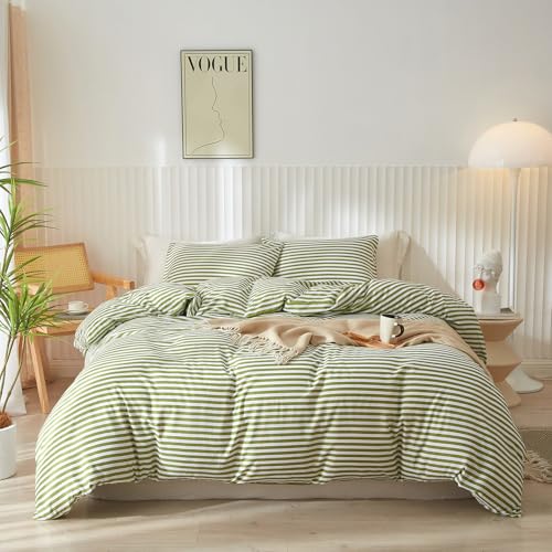 Image of LifeTB Striped Comforter Set Full Size 3 Piece Soft Fluffy Green White Stripes Pattern Printed Bedding Set Lightweight Breathable Comforter Set Farmhouse Striped Bedding Comforter with 2 Pillowcases