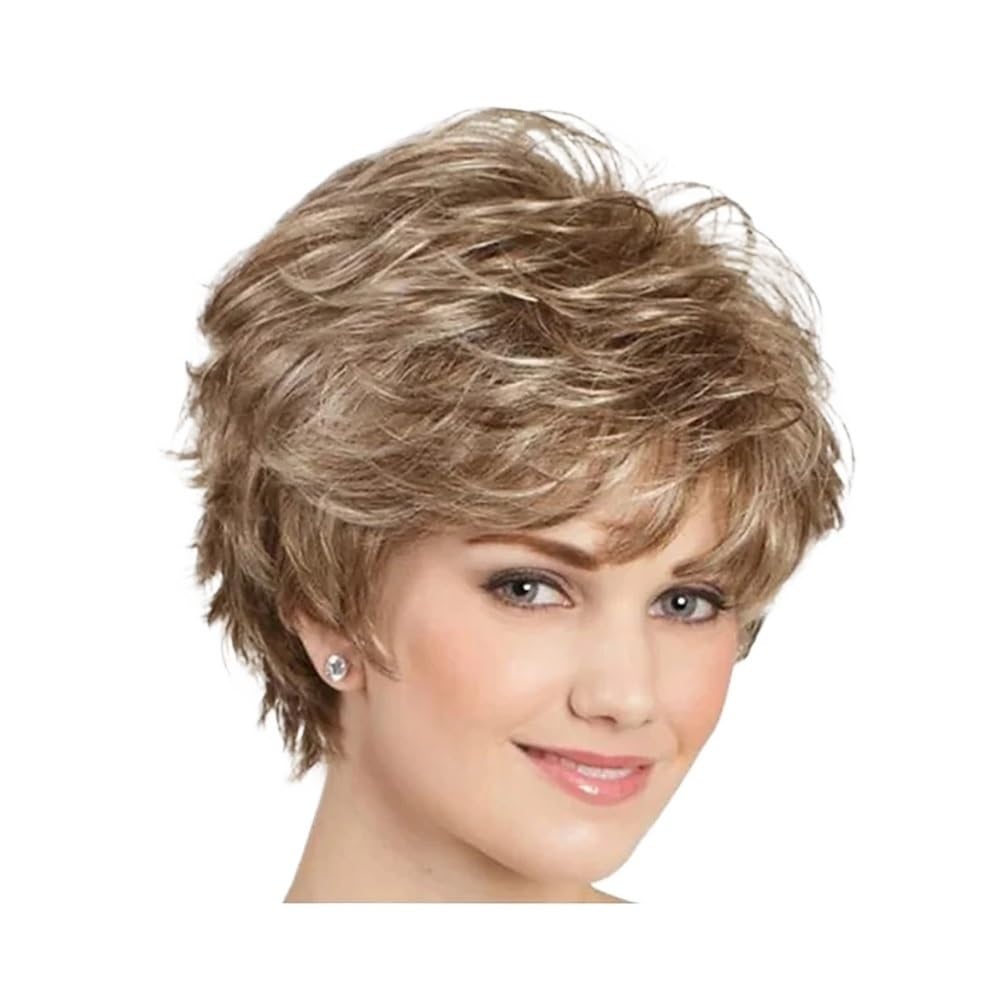 Donne Capelli Perruques courtes bouclées grises de 30 cm, perruques synthétiques naturelles bouclées et superposées, perruques de costume d'Halloween for femmes Extensions de cheveux(Drak blonde)