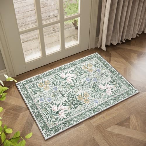 Image of Botanical Floral Washable Entryway Area Rug 2x3 Light Green Cream Vintage Garden Design, Perfect for Soft Door Mat Indoor Entrance, Ultra-Thin Easy Clean Small Throw Carpet for Bedroom Bathroom