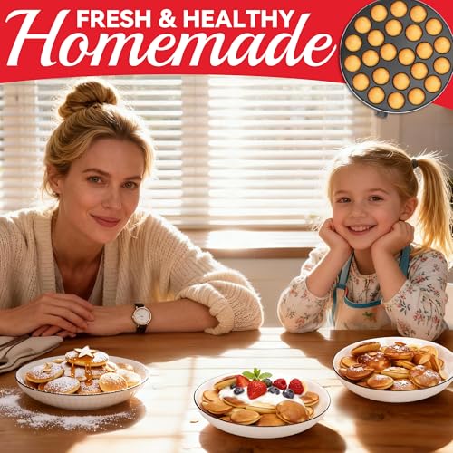 Image of SugarWhisk 24 Slots Mini Pancakes Maker, Poffertjes Maker Pan, Thin Ebelskiver Aebleskiver Pan, Electric Pancakes Maker, Dutch Pancake Machine, Browning Controllable, with Brush & Forks, White