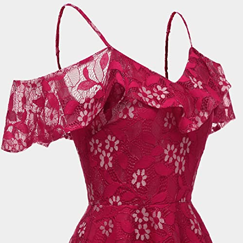 Image of IWEMEK Women Spaghetti Strap Floral Lace Bridesmaid Cocktail Party Dress Cold Shoulder Ruffle Sleeve Wedding Guest Prom Dress