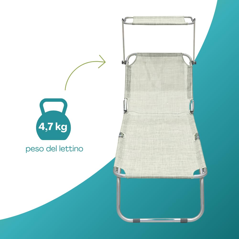 PALUPLUS 2 Lettini Prendisole Pieghevoli con Tetto Parasole con 2 BORSE Portalettino, Misura 180x55x90 cm, Tessuto Textilene, Struttura Metallo Tubolare da 18mm, Peso Max 120kg -3664F (Grigio)