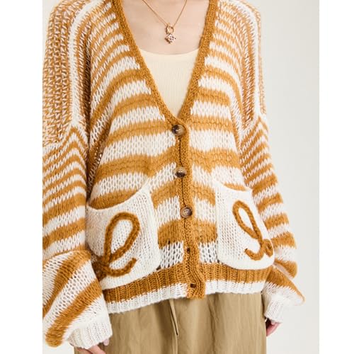 Women's Lightweight Cardigan Sweater Crochet Long Sleeve Button Stripe Color Block Outerwear4