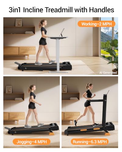Image of 15% Auto Incline Walking Pad Treadmill with 12-Level, Under Desk Treadmill with Handles, Portable Treadmills for Home Small, 43″ High Armrests