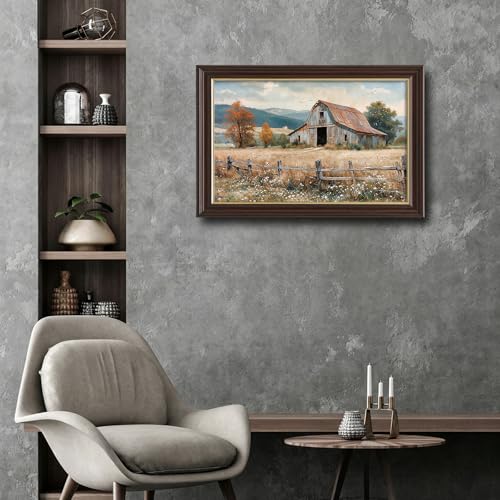 Image of Framed Vintage Farmhouse Canvas Art, Rustic Old Barn Autumn Landscape Canvas Prints Pictures, Countryside Wildflower Wall Decor for Living Room Bedroom Farmhouse Home Aesthetic