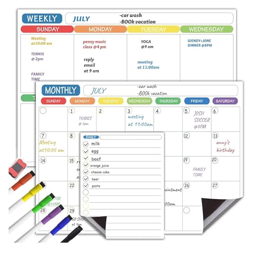 cinch! magnetic calendar bundle of 3 - monthly, weekly, daily planning dry erase boards for fridge - magnetic fridge calendar whiteboard set with 6 fine tip markers, large eraser, and magnets