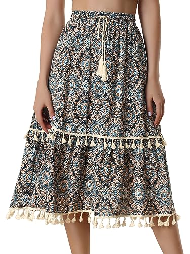 Allegra K Women's Tiered Midi Skirts Elastic Waist Tassel Fringe Boho Skirt