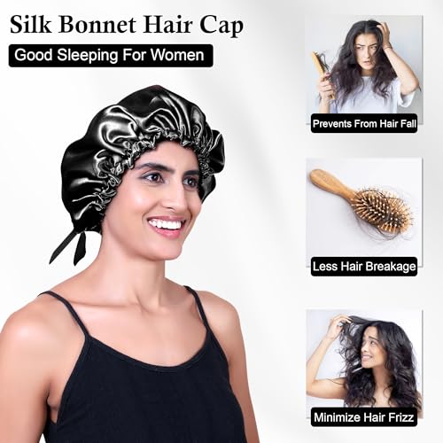 Image of GLUN Hair Protector Bonnet Cap with 3 Scrunchies Combo, Pack of 1 Black Colour, Prevents Hair Breakage, Frizz Control and Moisture Retention, Ideal for Curly & Natural Hair