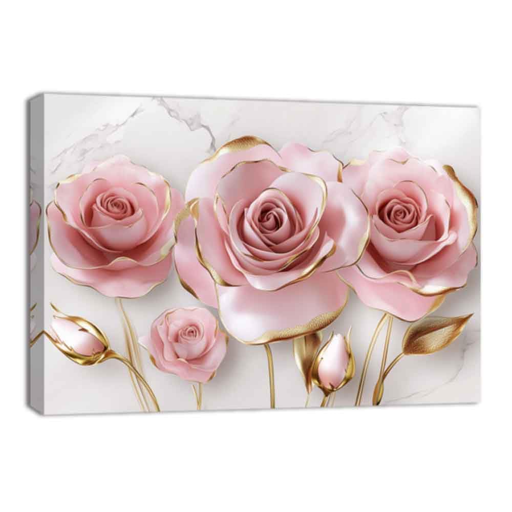 ZQQART Pink Rose Canvas Wall Art Abstract Pink Gold Flower Picture Floral Marble Painting Art Bedroom Home Decor Framed(Gold,28.00" x 42.00")