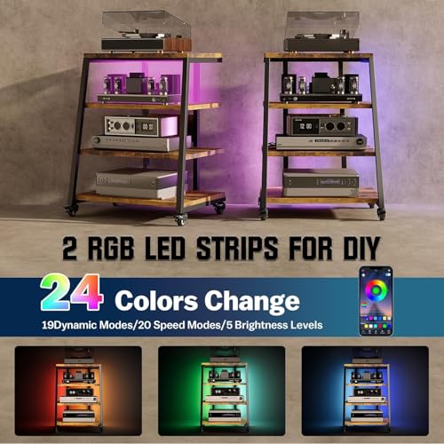 4-Tier AV Media Stand with Power Strips, Wooden Media Console with LED Lights, Wheels, Height Adjustable Rolling Audio Cabinet Rack Tower Stereo Rack for Gaming Consoles/DVD Player/Amplifier/Cable Box - Image 3