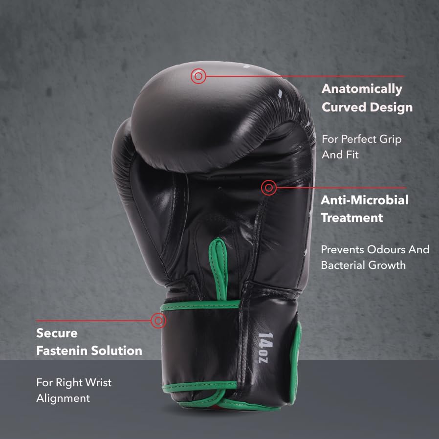 Image of Cult Premium Leather Boxing Gloves for Men & Women | Foam Padding | Punching Bag Gloves for Boxing, Training, Kickboxing, Muay Thai, MMA | 12 Oz Boxing Gloves | Black-Green