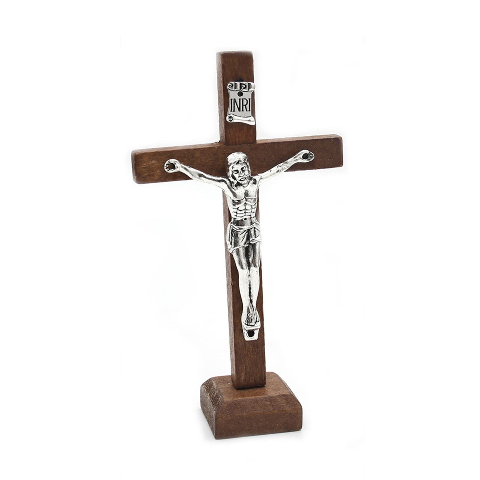 Qishgo Brown Wooden Catholic Jesus For Cross Crucifix With Stand Religious Prayer Tabletop De