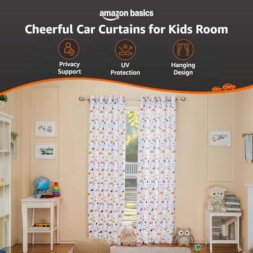 Image of Amazon Basics - Kids Room Darkening Digital Printed Door Curtains, 80-85% Room Darkening | 7 Feet |Set of 2| Digital Print | Kids Curtain |for Living Room and Bedroom | 115cmx 210cm, Design-Car
