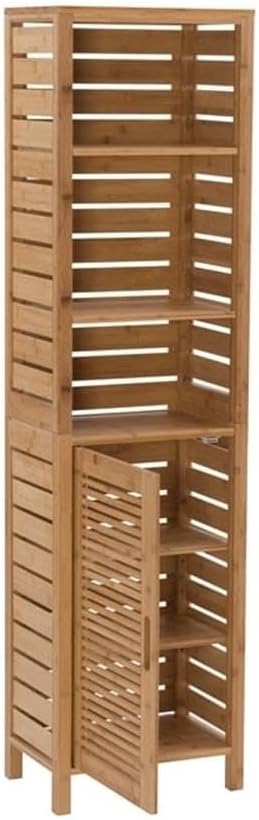 Pemberly Row Tall Bamboo Linen Cabinet, 61.75 in Height, 6-Shelf Tower, Natural Brown Finish, Solid Bamboo Construction, Versatile Storage for Bathroom or Home Organization