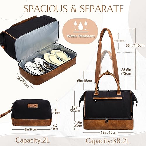 Travel Duffle Bag for Women,Vaschy 17'' Canvas Under Seat Carry On Weekender Overnight Duffel Tote Bag with Trolley sleeve/Shoe Compartment/Tolietry Bag Set for Travelling,Gym Black and Brown Leather2