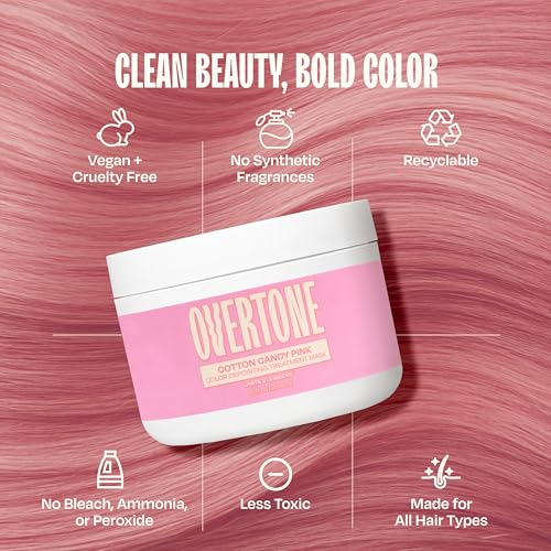 Image of Overtone Semi Permanent Hair Color Conditioner, Cotton Candy Pink, 8 oz, Nourishing, Damage-Free, Color Depositing Mask for All Hair Types with Shea Butter & Coconut Oil, Vegan & Cruelty-Free