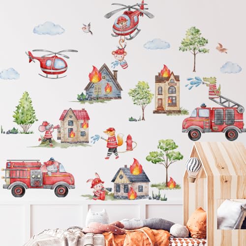 WandSticker4U®- Grand stickers muraux enfant CAMION DE POMPIERS (103x98 cm) I Autocollant mural garçon animaux forêt véhicule chantier pelleteuse I Déco...