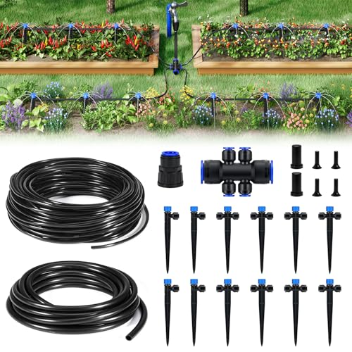 Image of HIRALIY 50FT Drip Irrigation System Kit, Quick-Connect Garden Watering System with 10FT Main Hose and 40FT 1 /4 inch Tubing, Adjustable Drippers for Patio Pots, Container Gardens & Small Raised Beds