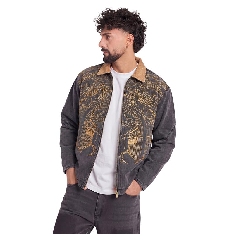 Image of FUGAZEE Grey Denim Embroidery Harrington Jacket | Spread Collar & Long Sleeves