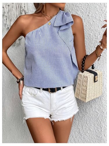 OYOANGLE Women's Striped Ruffle Trim One Shoulder Tank Top Sleeveless Tunic Blouse4