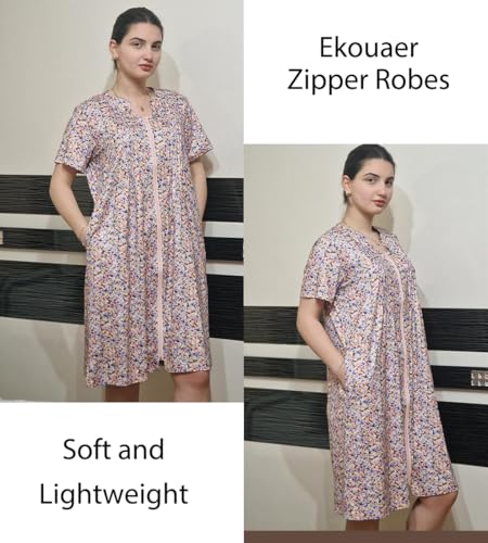 Ekouaer Women Zipper Robes Knit Short Bathrobe Lightweight House Coat with Pockets Soft Nightgown4