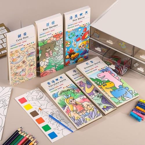 Image of Birthday Popper Pocket Watercolor Painting Book for Kids - Set of 10 as Birthday Return Gift | 20 Pages | DIY Coloring Book with Brush | Random Mixed Fun Themes| Travel-Friendly for Boys & Girls Age 3+