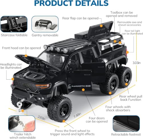 Image of RAM Mammoth Pick-Up Model Car 1:32 Exclusive Alloy Metal Pull Back Die-cast Car Die-cast Metal Pullback Toy car with Openable Doors & Light Music, Multicolour Six Wheel