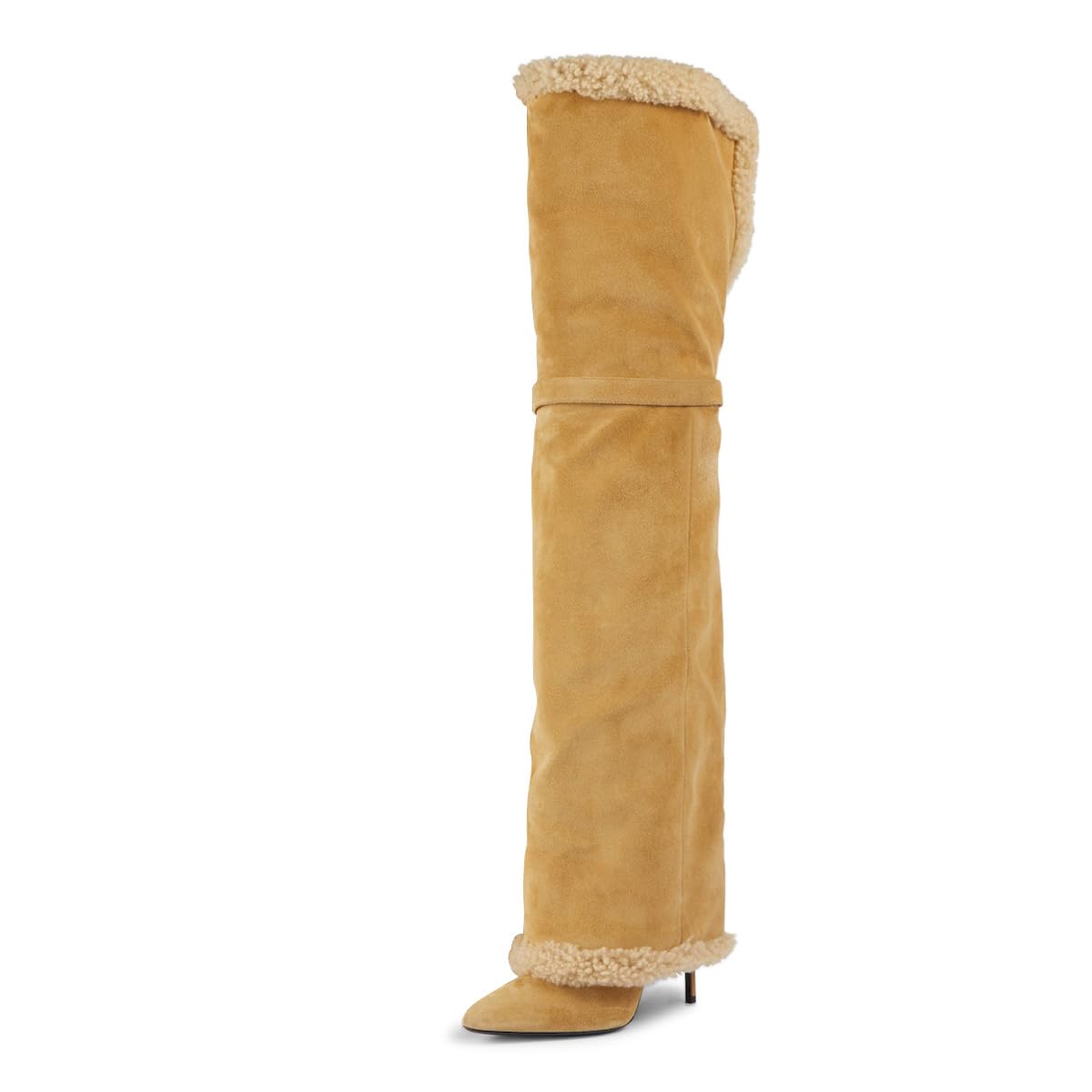 miss left Women Closed Pointed Toe Furry Fold Over Thigh High Boots Stiletto High Heel Pull on Winter