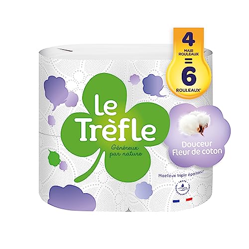 Le Trefle® Douceur Fleur de Coton – Toilettenpapier – 4 Maxi-Rollen = 6 klassische Rollen – Lotion mit Baumwollextrakten – recycelbare Papierverpackung – FSC®-zertifiziertes Papier weiß Le Trefle® Douceur Fleur de Coton – Toilettenpapier – 4 Maxi-Rollen = 6 klassische Rollen – Lotion mit Baumwollextrakten – recycelbare Papierverpackung – FSC®-zertifiziertes Papier weiß